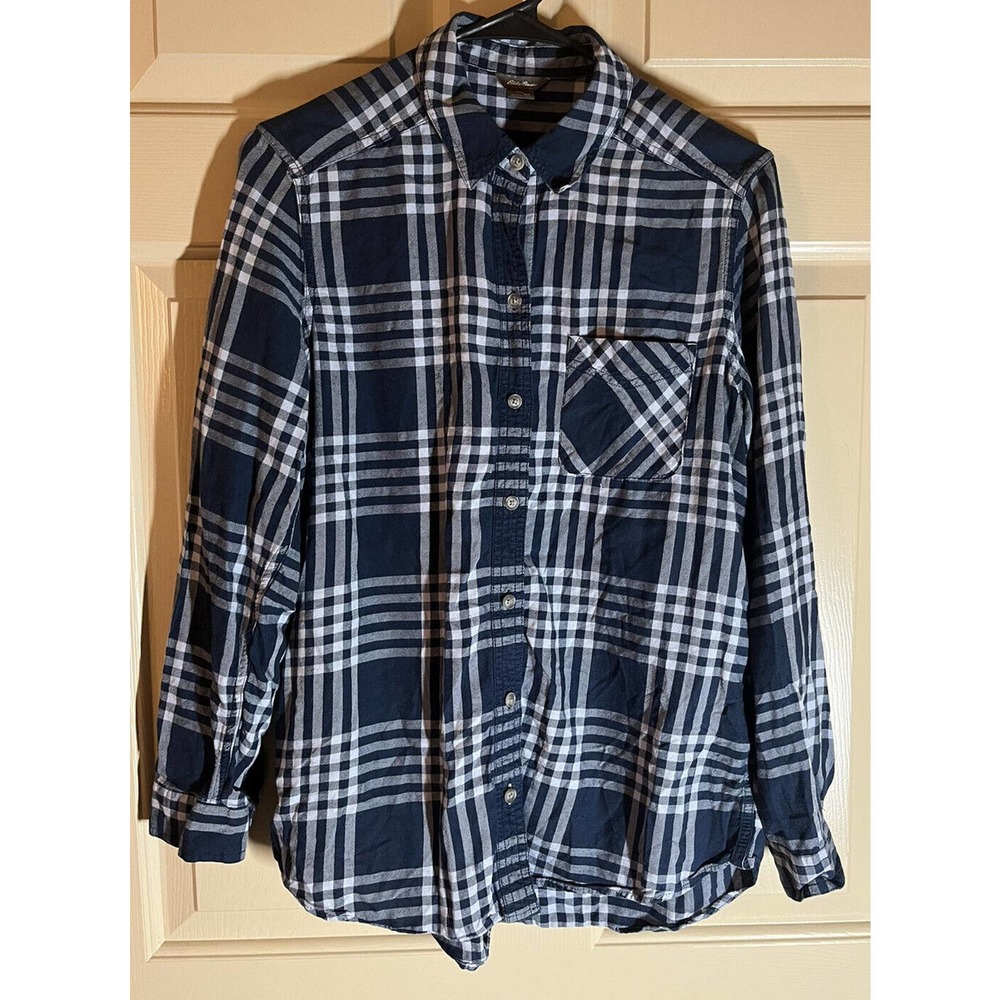 EDDIE BAUER Womans Size Medium Blue Plaid Roll Tab Sleeve Button Shirt